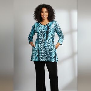 SUSAN GRAVER Tunic Animal Print Blue & Black V-Neck Liquid Knit Sequins Sz M EUC